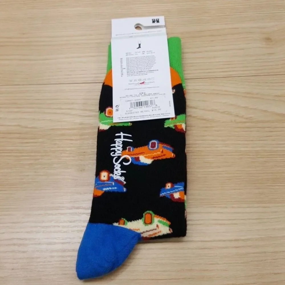 HAPPY SOCKS Crew Socks Black Vintage Classic Cars Combed Cotton M 8-12 W 10-12.5